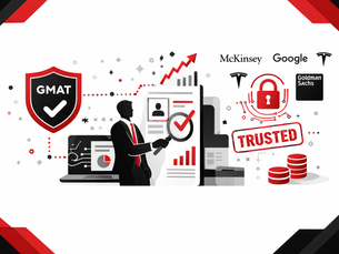 Minimalist black, red, and white illustration showing a recruiter verifying a candidate profile with a GMAT shield, data charts, trust checkmarks, and global company icons, representing GMAT as a trusted validation tool in modern hiring.