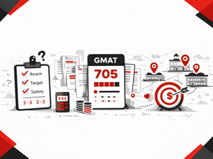 Minimalist horizontal illustration in black, red, and white showing a GMAT scorecard, university icons, target symbols, and geometric corner accents on a white background, representing strategic MBA applications.