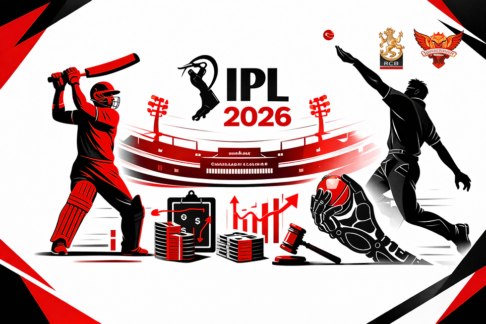 Minimal black, red, and white themed graphic illustrating IPL 2026 with cricket players, stadium elements, and auction visuals on a plain white background.