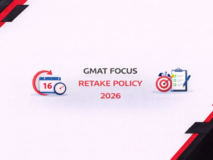 Minimalist horizontal banner for GMAT Focus Retake Policy 2026 featuring a plain white background with black and red geometric corner accents, clean Poppins-style typography, and simple visual icons representing retakes, timing, and strategy.