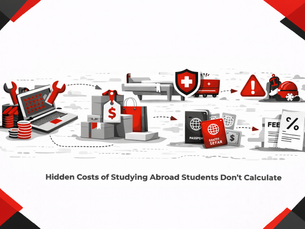 Minimalist black, red, and white illustration showing hidden study-abroad costs, including a tech laptop, healthcare shield, moving boxes, passport, visa fees, and currency exchange symbols on a white background.