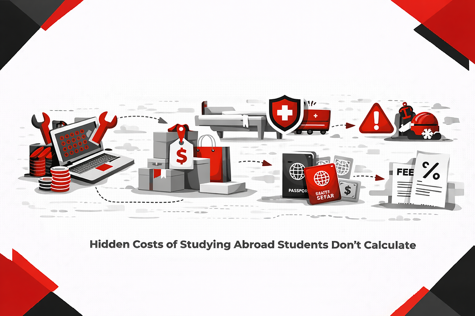 Minimalist black, red, and white illustration showing hidden study-abroad costs, including a tech laptop, healthcare shield, moving boxes, passport, visa fees, and currency exchange symbols on a white background.