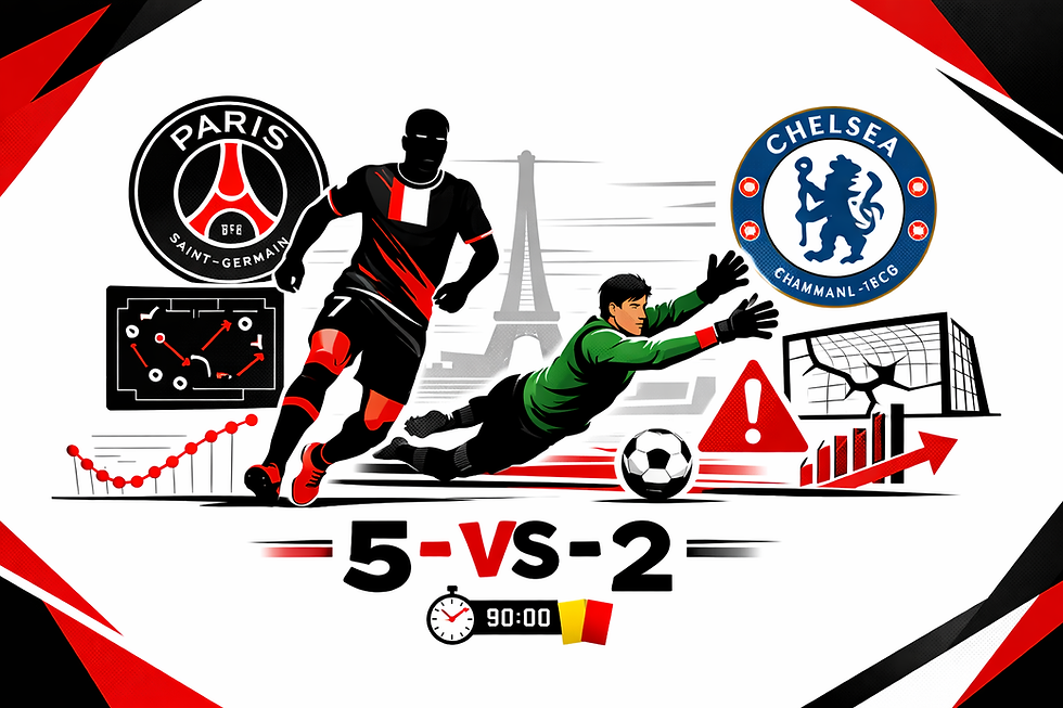 Minimal black, red, and white themed graphic showing PSG vs Chelsea with a 5–2 score and football visual elements on a white background.