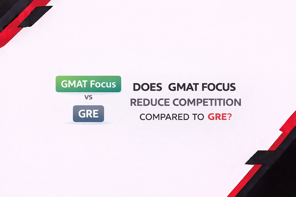 Minimalist horizontal banner comparing GMAT Focus and GRE on a white background, with clean black and red geometric corner accents and bold central text highlighting the comparison.