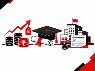 Minimal black, red, and white illustration showing education costs with coins, graduation cap, and scholarship visuals.
