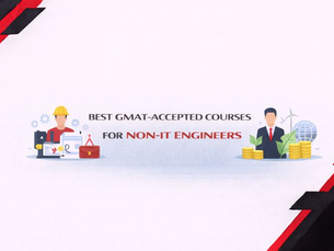 Minimal black, red, and white horizontal banner illustrating GMAT-accepted courses for non-IT engineers, featuring an engineer icon on one side and a business professional with sustainability and growth symbols on the other, framed by geometric corner accents on a white background.