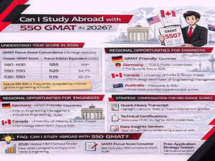 Horizontal black, red, and white infographic titled “Can I Study Abroad with 550 GMAT in 2026?” showing GMAT Focus score conversion, Germany, Canada, and Australia study options for engineers, and strategies to compensate for a mid-range GMAT score.