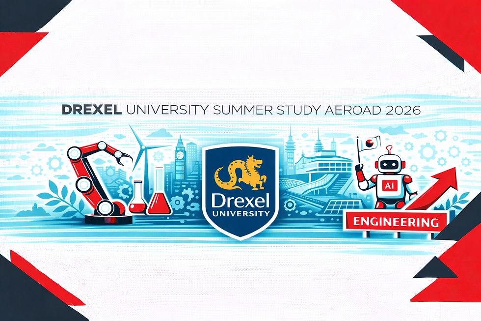 Horizontal black, red, and white promotional banner for Drexel University Summer Study Abroad 2026, featuring a robotic arm, lab flasks, wind turbine, AI robot icon, stylized global skyline elements inspired by London, Venice, and Seoul, and bold geometric corner accents on a plain white background.