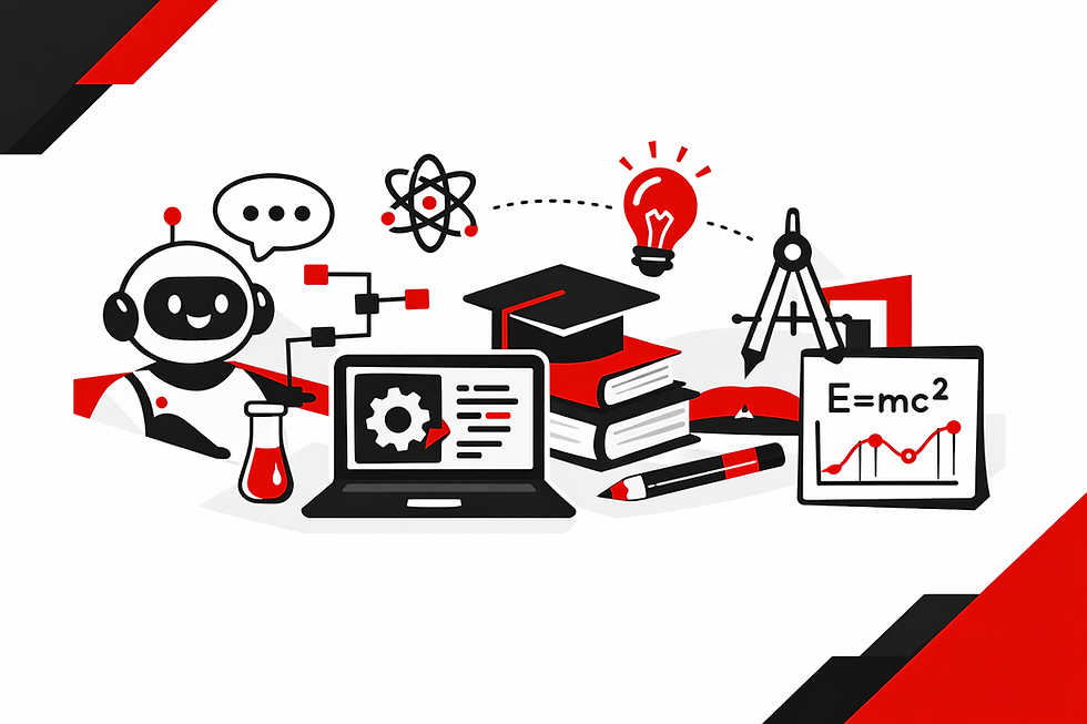 Minimal black, red, and white illustration of AI-assisted studying with a robot, laptop, books, and engineering symbols on a clean white background.