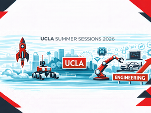 Minimal horizontal black, red, and white illustration promoting UCLA Summer Sessions, featuring engineering icons, Los Angeles skyline elements, and bold geometric corner accents on a white background.