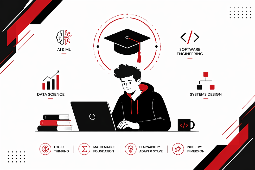 A person in a hoodie uses a laptop surrounded by icons for AI, data science, engineering, and systems design. Black, white, red theme.