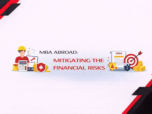 Minimalist horizontal banner in a black, red, and white theme showing an engineer and financial icons on one side and an MBA degree, target, and security symbols on the other, representing risk-managed planning for studying MBA abroad.