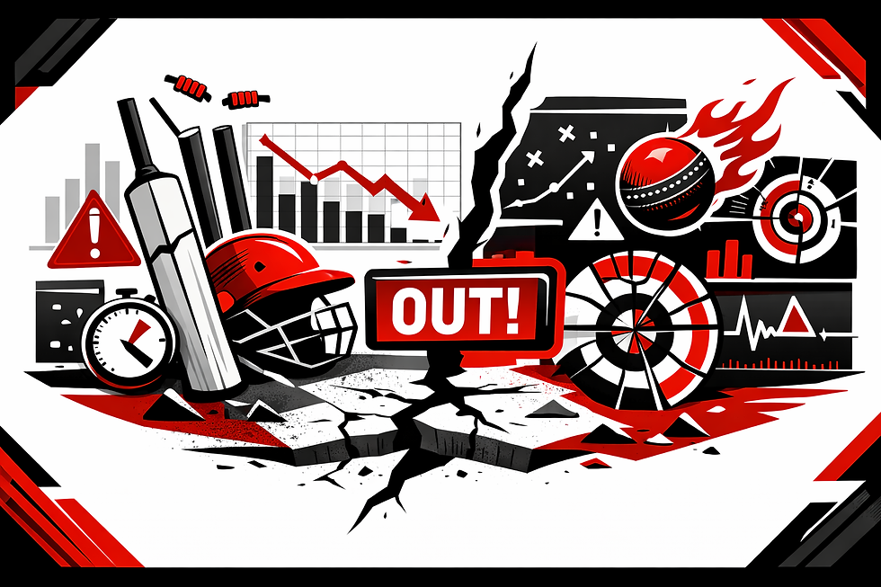 Cricket gear and a red "OUT!" sign over cracked ground. Graphs, alerts, and a fiery ball create a dynamic, intense mood in red, black, and white.