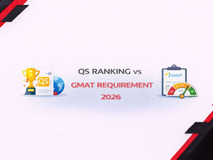 Minimalist horizontal banner comparing QS Rankings and GMAT requirements for 2026, featuring black and red geometric corner accents on a white background with icons of a trophy, globe, and GMAT score gauge.