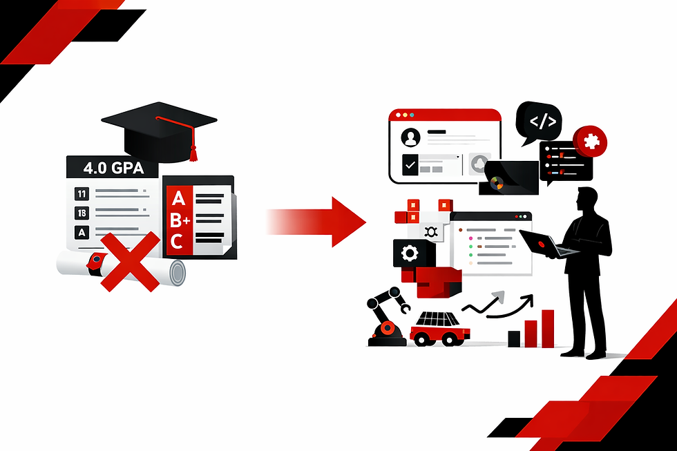 Graduation cap, GPA, and grades with a red X transition to tech icons, a laptop user, and automation symbols. Black and red theme.