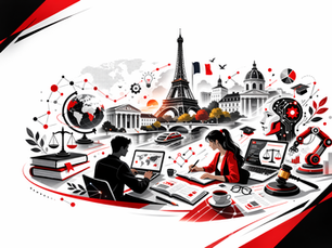 Minimal horizontal illustration for Sciences Po Summer School 2026, featuring Paris landmarks, AI ethics, policy, and academic research visuals in a black, red, and white theme.