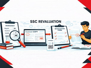 Minimalist horizontal illustration in a black, red, and white theme showing the SSC revaluation process, with geometric corner shapes, a marksheet under a magnifying glass, a scanned copy on a laptop, a revaluation form clipboard, and a student reviewing an answer sheet on a plain white background.