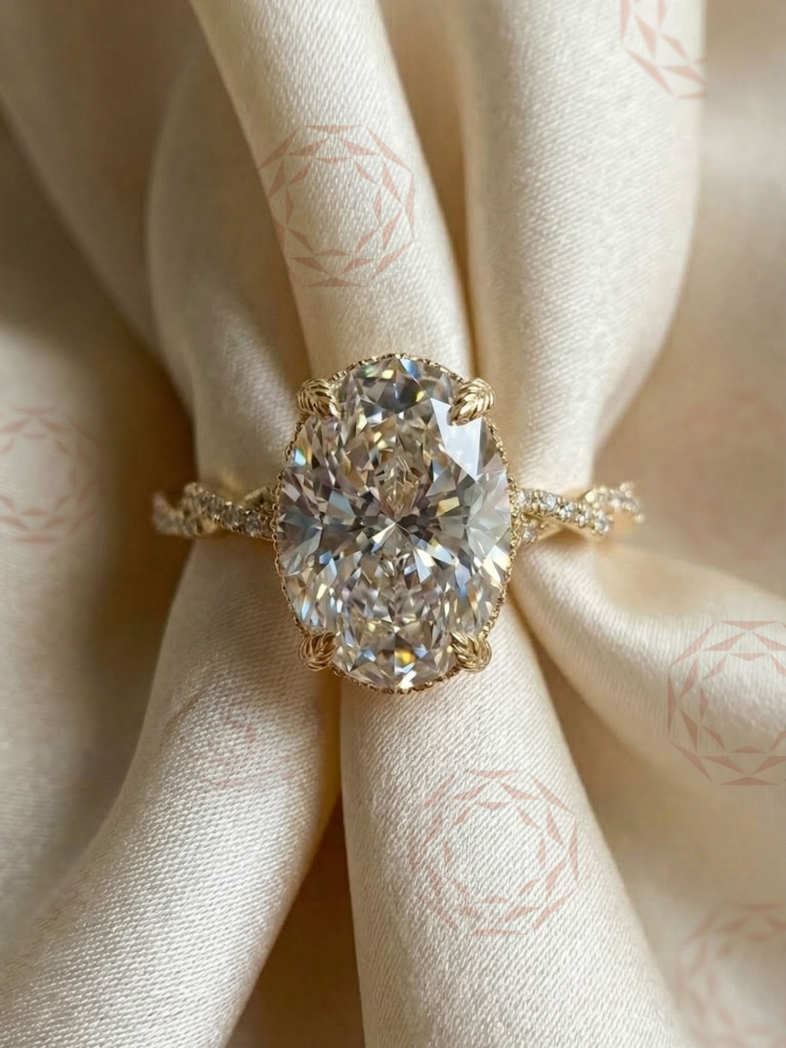 Oval Moissanite Engagement Ring with Twisted Leaf Halo Band