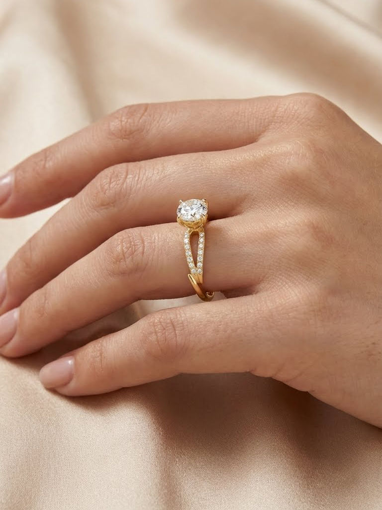 Round Cut Moissanite Split Shank Ring 14K Gold Diamond Accents Elegant Bridal