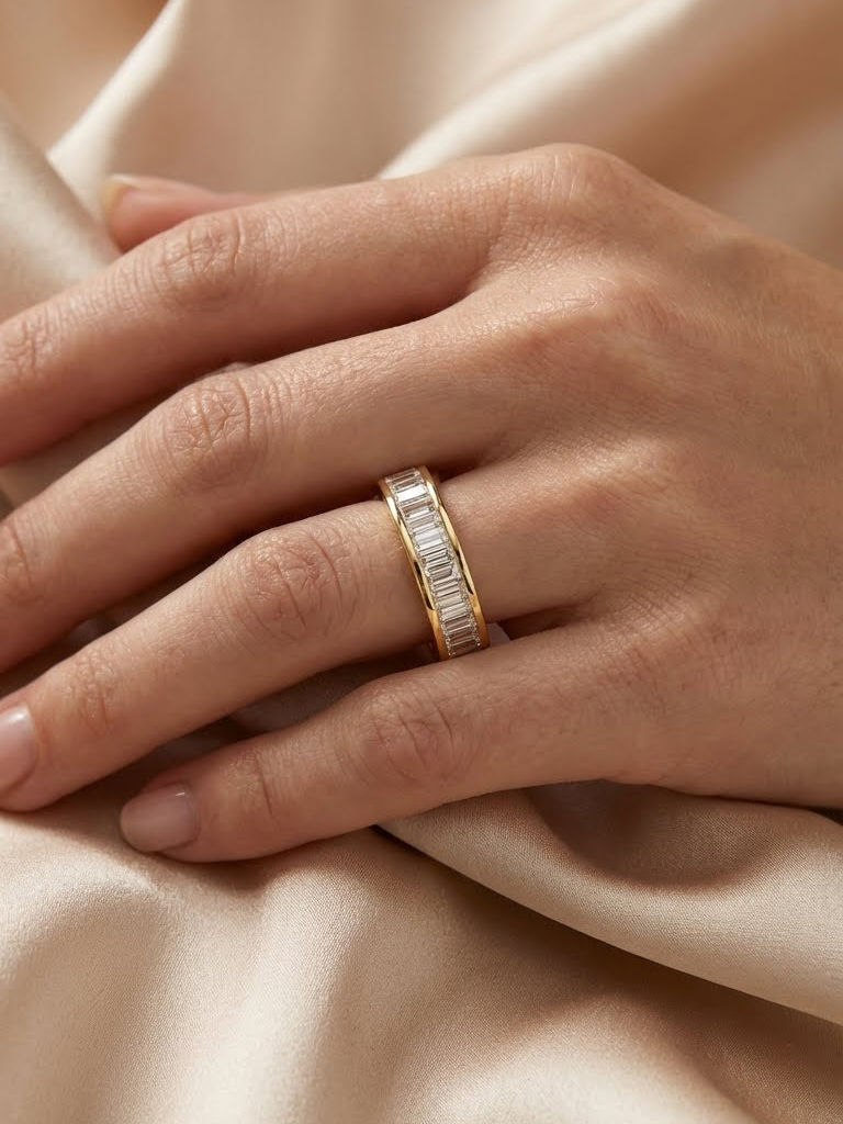 14K Solid Gold Baguette Wedding Eternity Band- Minimal Dainty Stacking Ring Gift