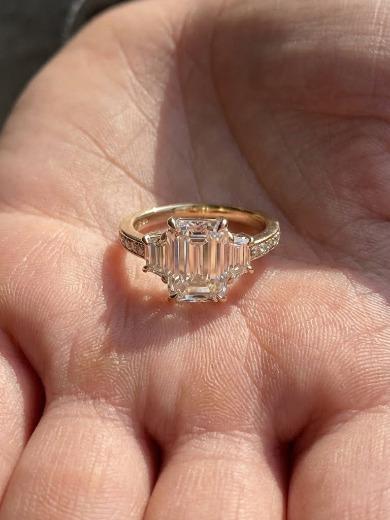 Emerald Cut Moissanite Three Stone Ring 14K Yellow Gold Pave Classic Bridal