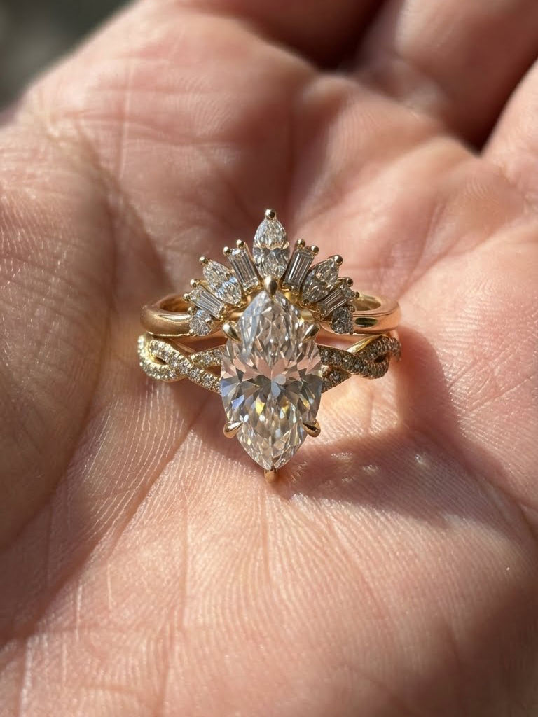 3.5 CT Marquise Cut Diamond Engagement Ring Art Deco Sunburst Halo Bridal Set