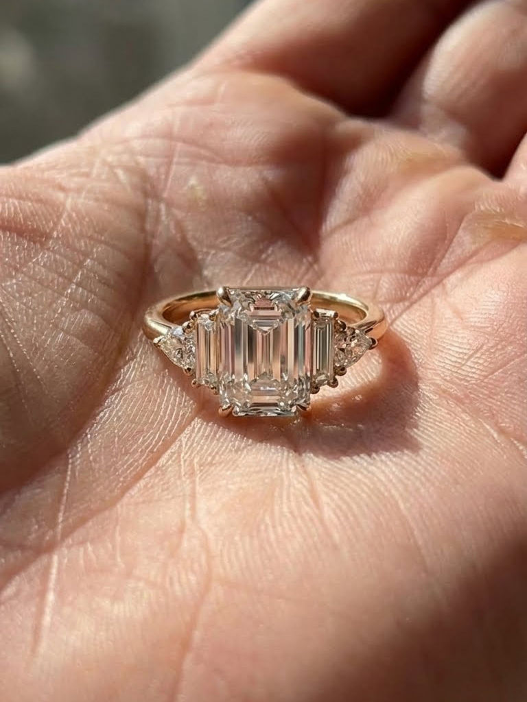 2.5 CT Emerald Cut Moissanite Engagement Ring with Side Stones Wedding Ring