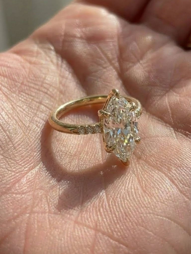 Marquise Moissanite Solitaire Ring 14K Yellow Gold Dainty Vintage Bridal Ring