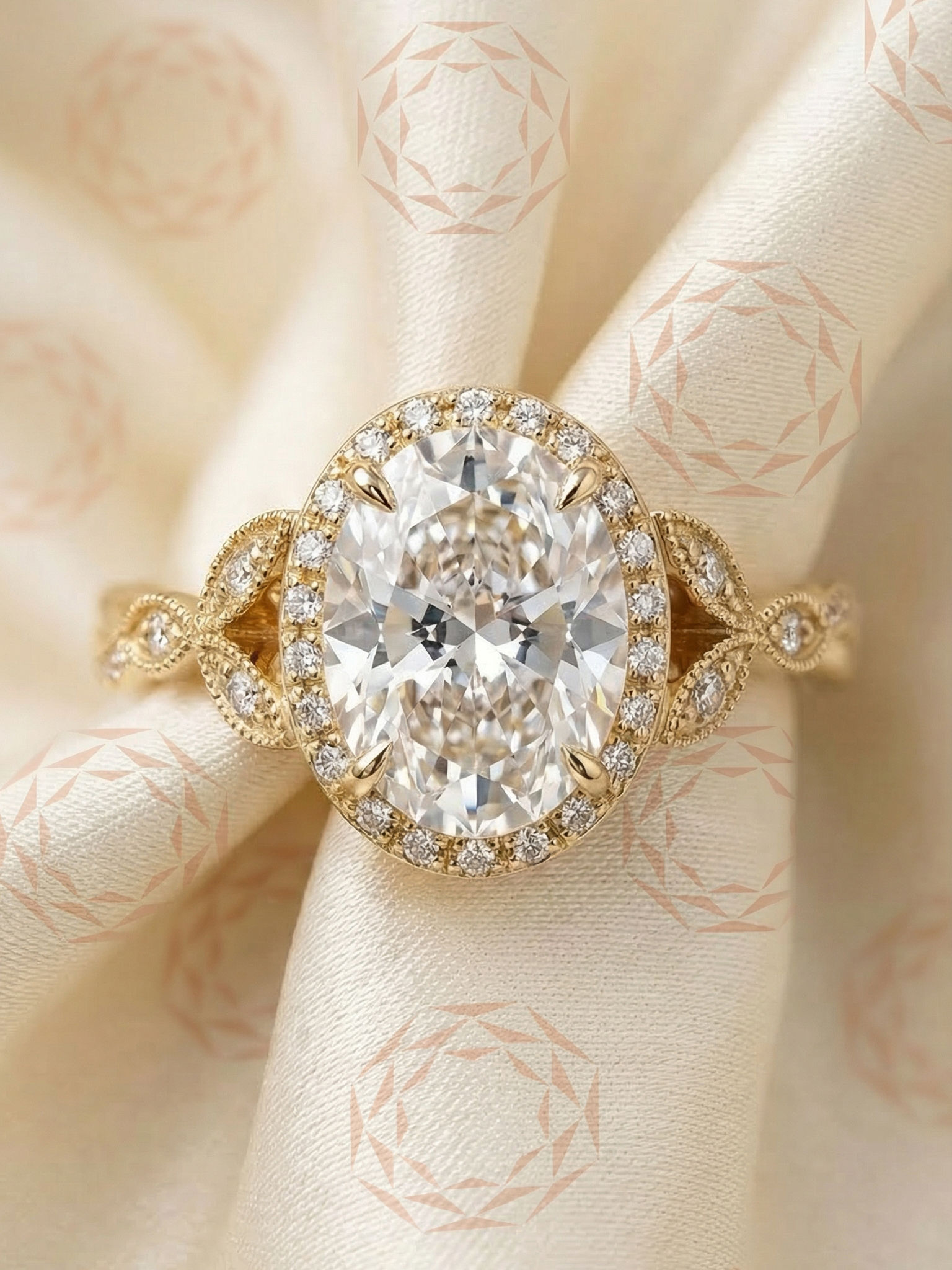 3CT Oval Moissanite Art Deco Flower Halo Ring 14K Yellow Gold Vintage Bridal