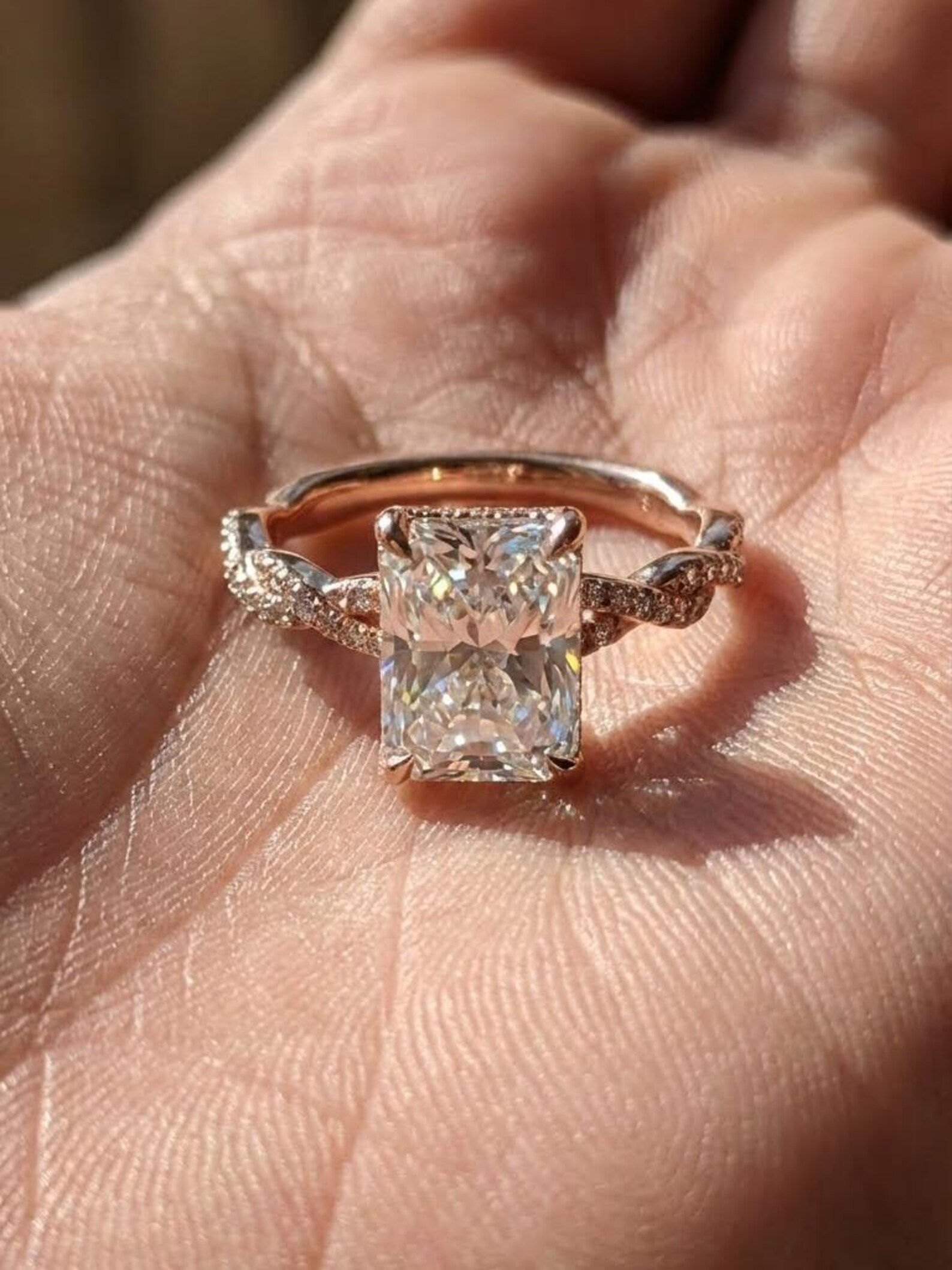Hidden Halo Radiant Cut Moissanite Engagement Ring Gold Twisted Band Ring