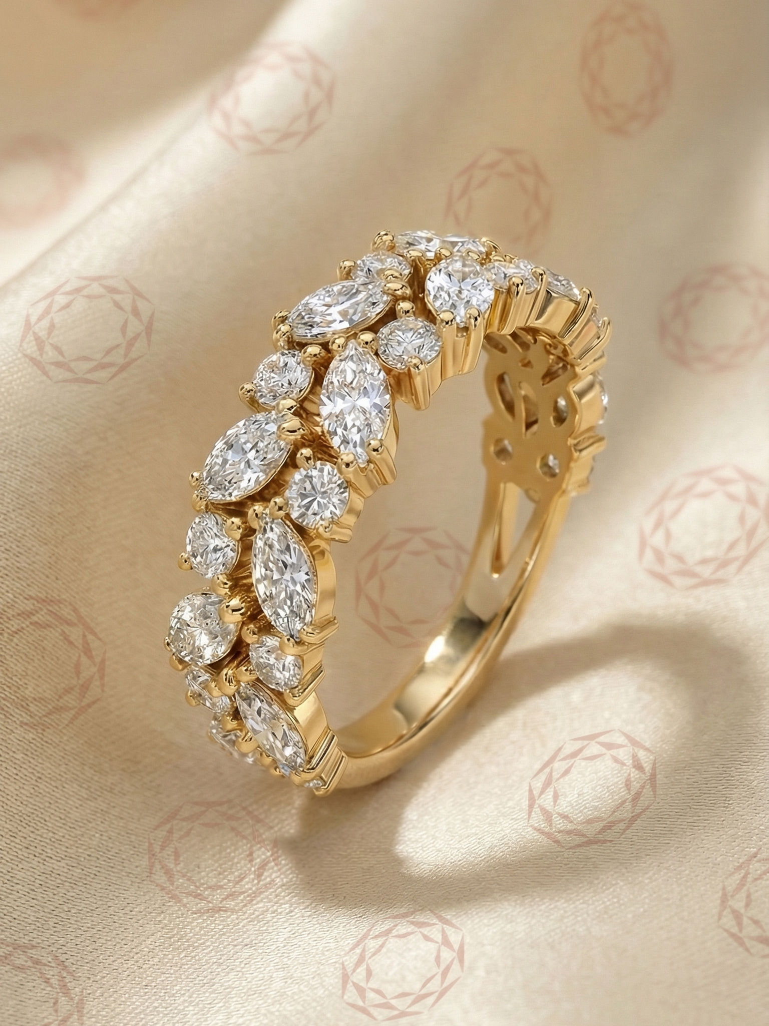 Marquise Round Moissanite Half Eternity Cluster Band Solid Yellow Gold Bridal