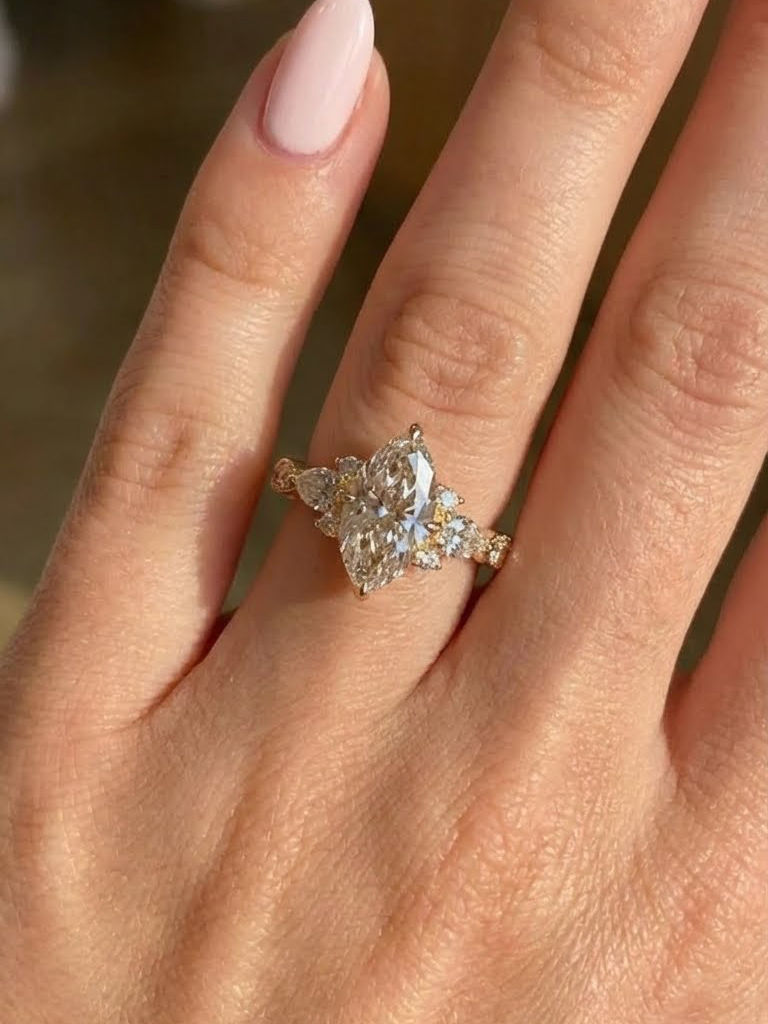 Marquise Cut Moissanite Engagement Ring with Pear Side Stones Three Stone Ring