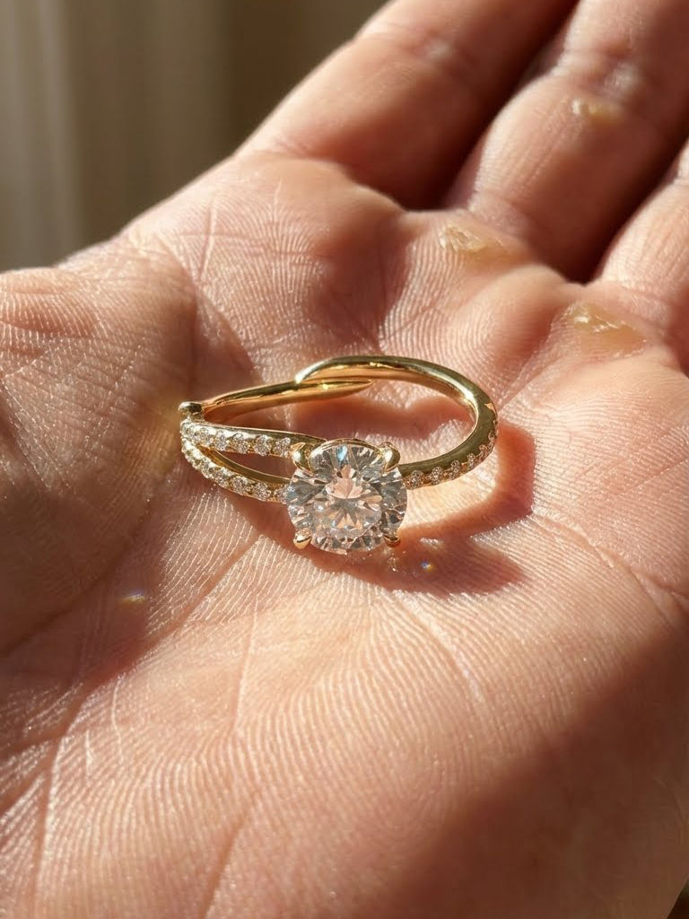 Round Cut Moissanite Split Shank Ring 14K Gold Diamond Accents Elegant Bridal