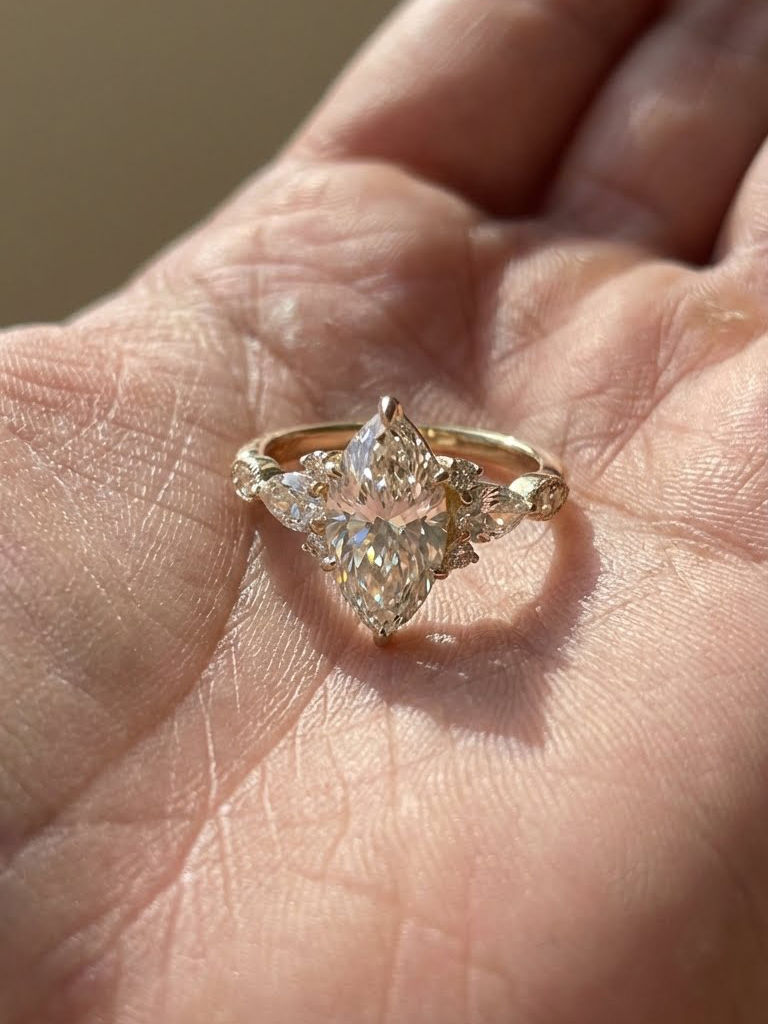 Marquise Cut Moissanite Engagement Ring with Pear Side Stones Three Stone Ring