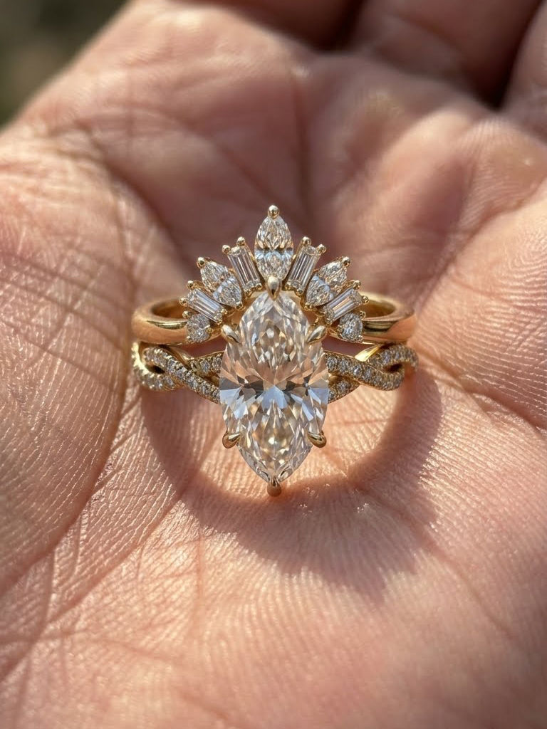 3.5 CT Marquise Cut Diamond Engagement Ring Art Deco Sunburst Halo Bridal Set