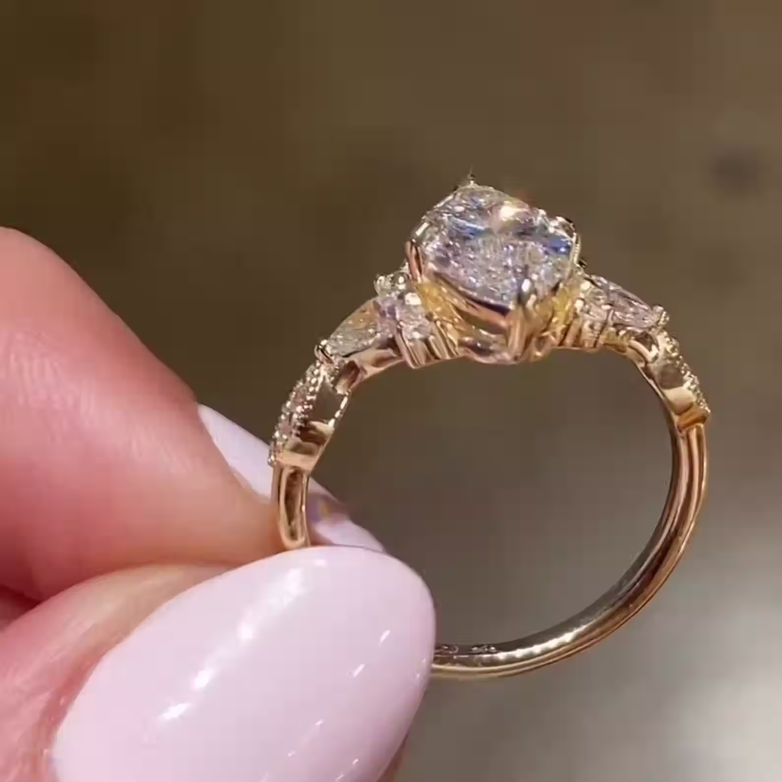 Marquise Cut Moissanite Three Stone Ring Pear Side Stones Yellow Gold Milgrain
