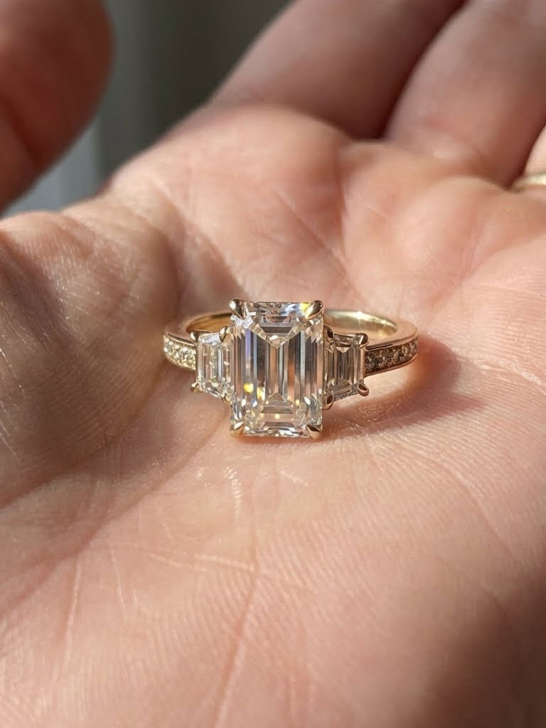 Three Stone Emerald Cut Moissanite Engagement Ring Trilogy Bridal Ring