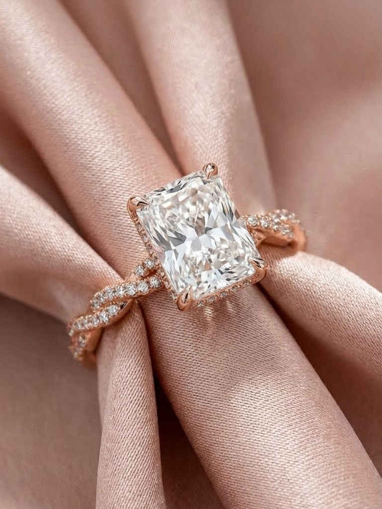 Hidden Halo Radiant Cut Moissanite Ring 14K Solid Gold Twisted Pave Band Bridal