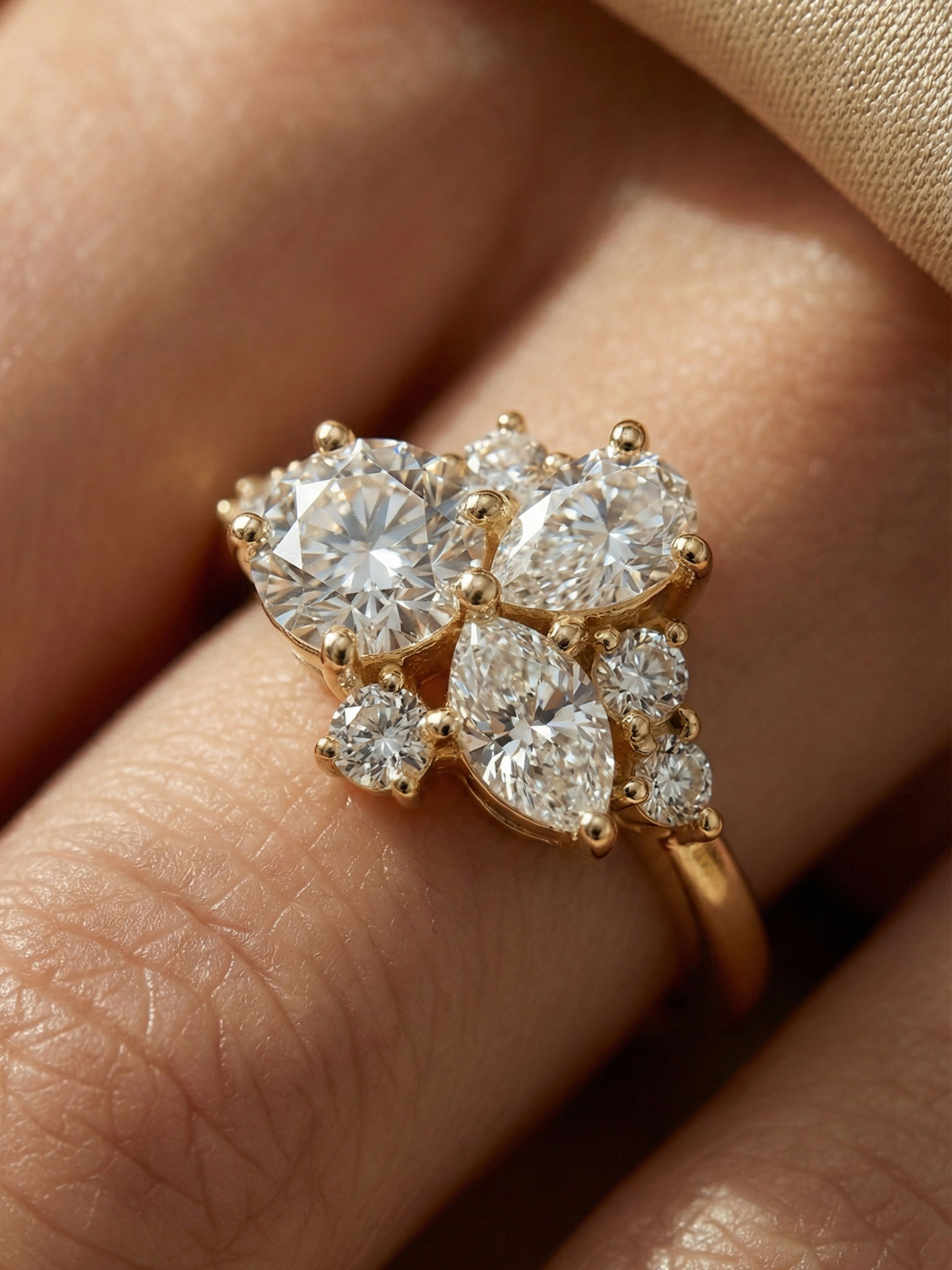 Round Moissanite Floral Cluster Ring Solid White Gold Pear Accent Unique Bridal