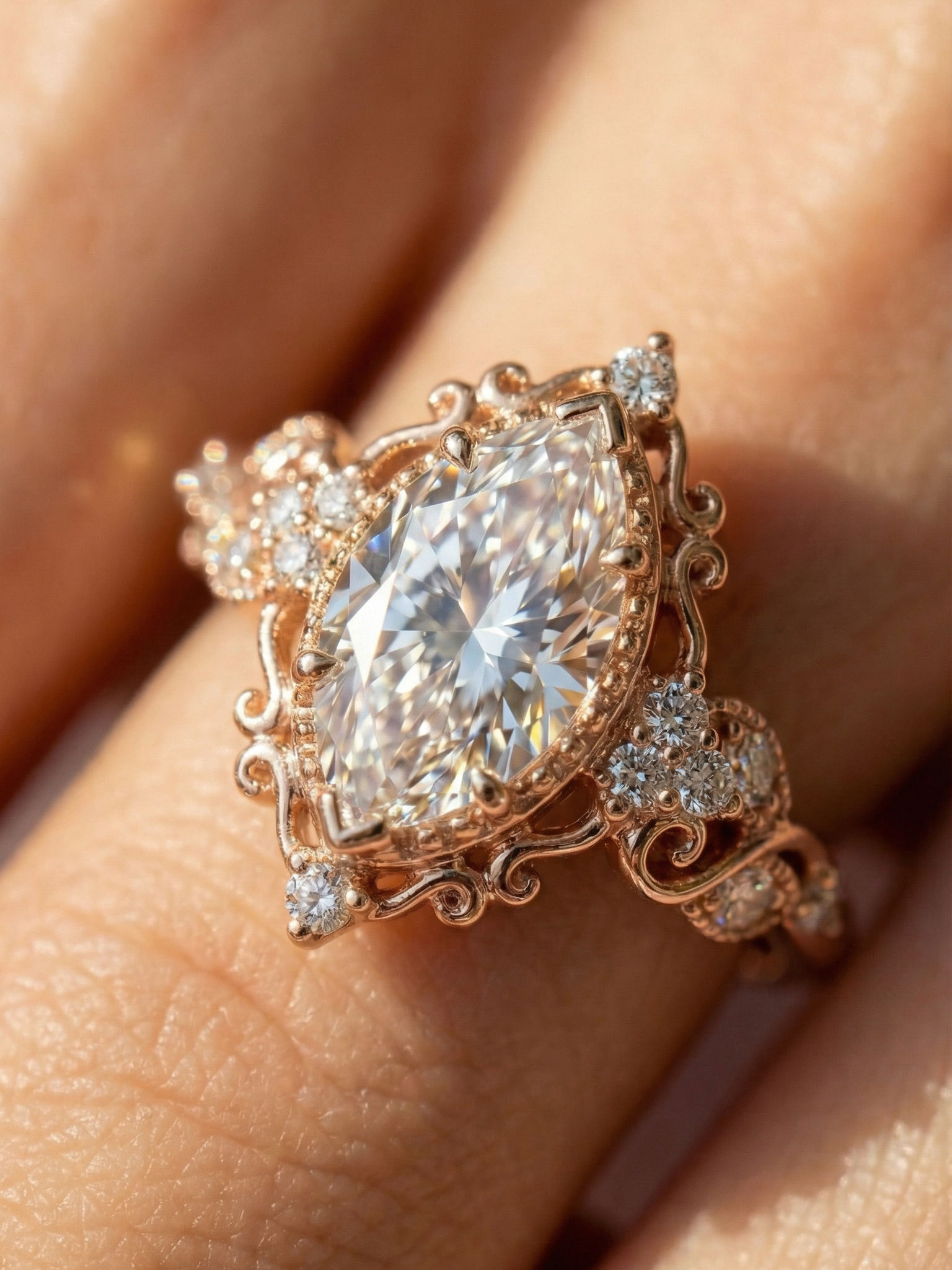Floral Marquise Moissanite Engagement Ring 14K Yellow Gold Art Deco Ring