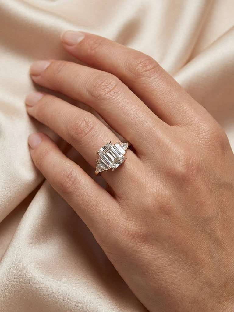 2.5 CT Emerald Cut Moissanite Engagement Ring with Side Stones Wedding Ring