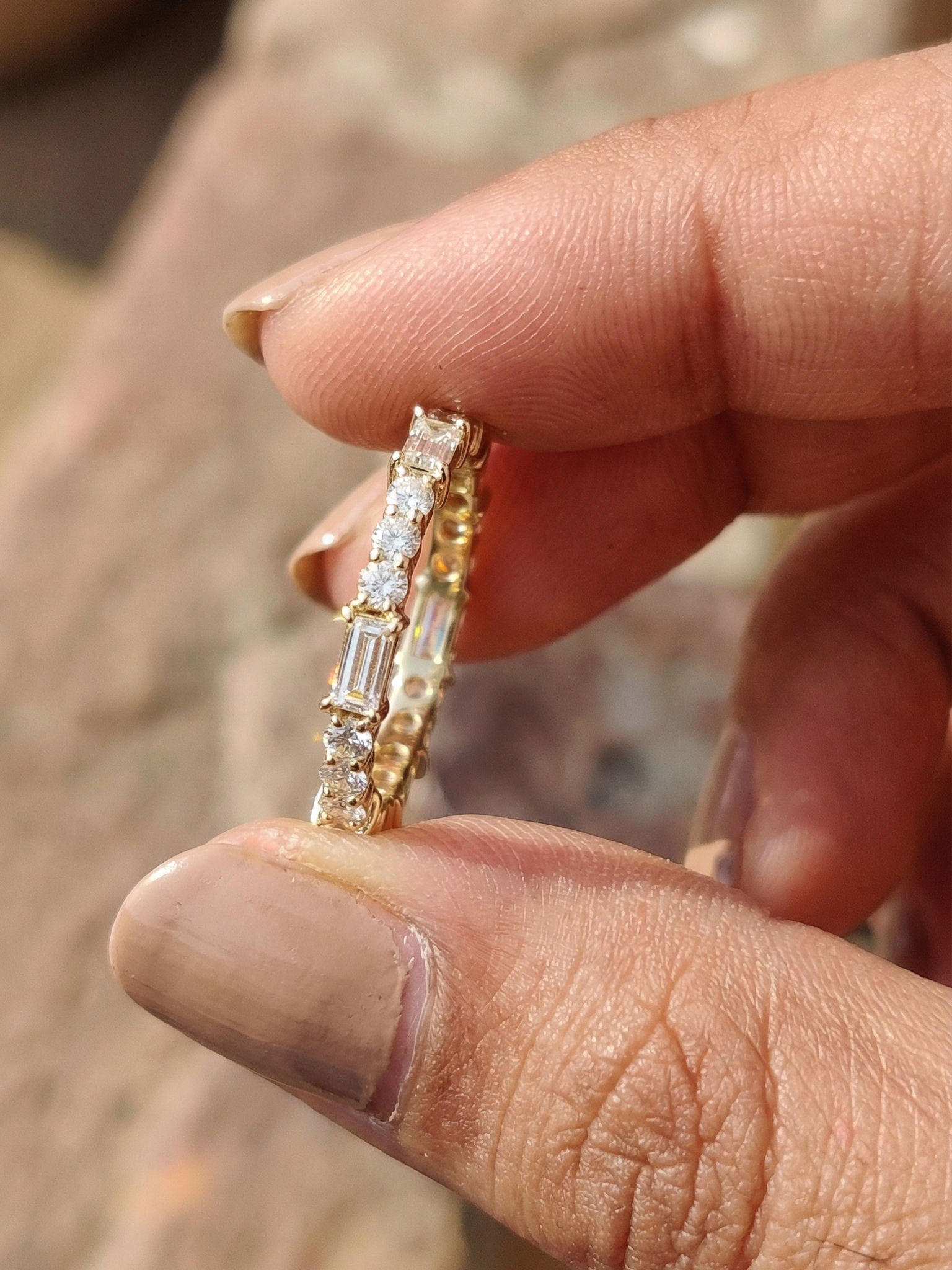 Baguette Round Moissanite Full Eternity Band Solid Yellow Gold Stackable Bridal