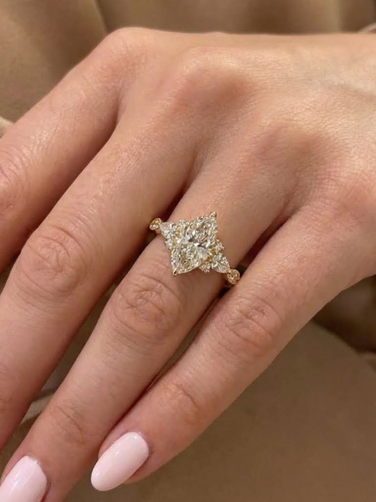 Marquise Cut Moissanite Engagement Ring with Pear Side Stones Three Stone Ring