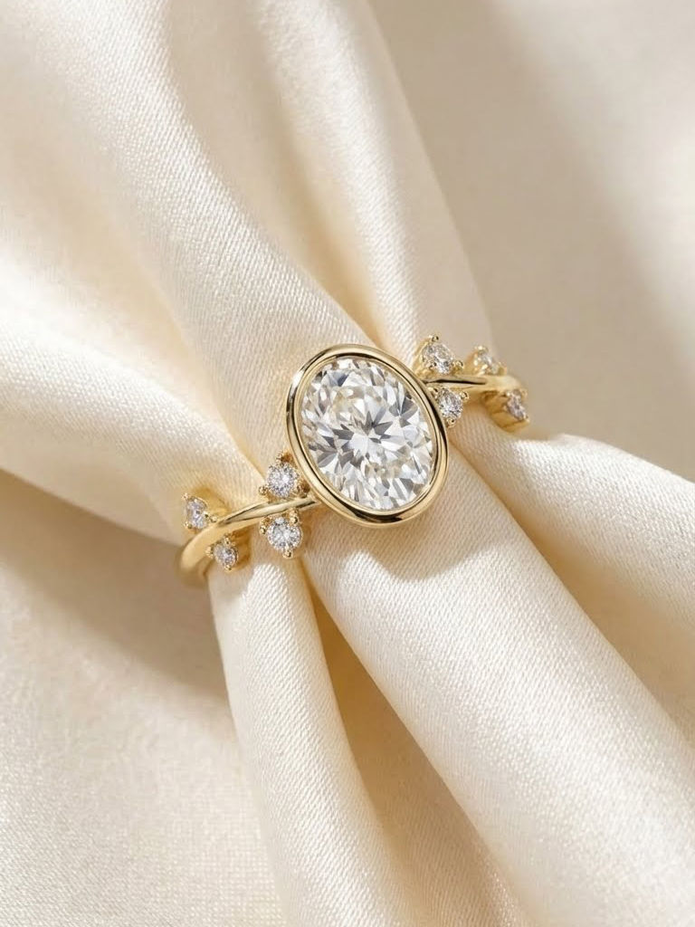 Nature Inspire Vintage 2 CT Oval Cut Moissanite Bypass Engagement Ring