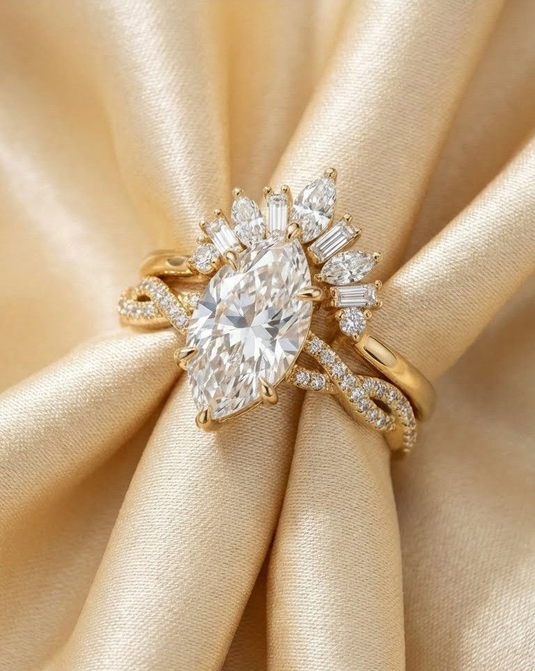 3.5 CT Marquise Cut Diamond Engagement Ring Art Deco Sunburst Halo Bridal Set