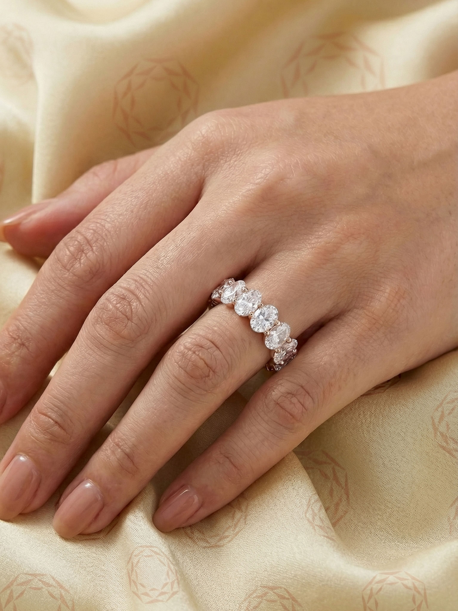 Oval Moissanite Half Eternity Rose Gold Bridal Wedding Band Dainty Ring