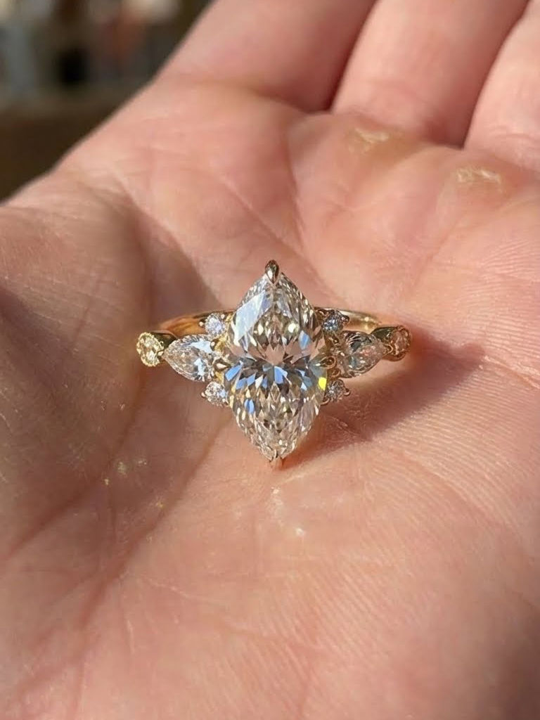 Marquise Cut Moissanite Engagement Ring with Pear Side Stones Three Stone Ring
