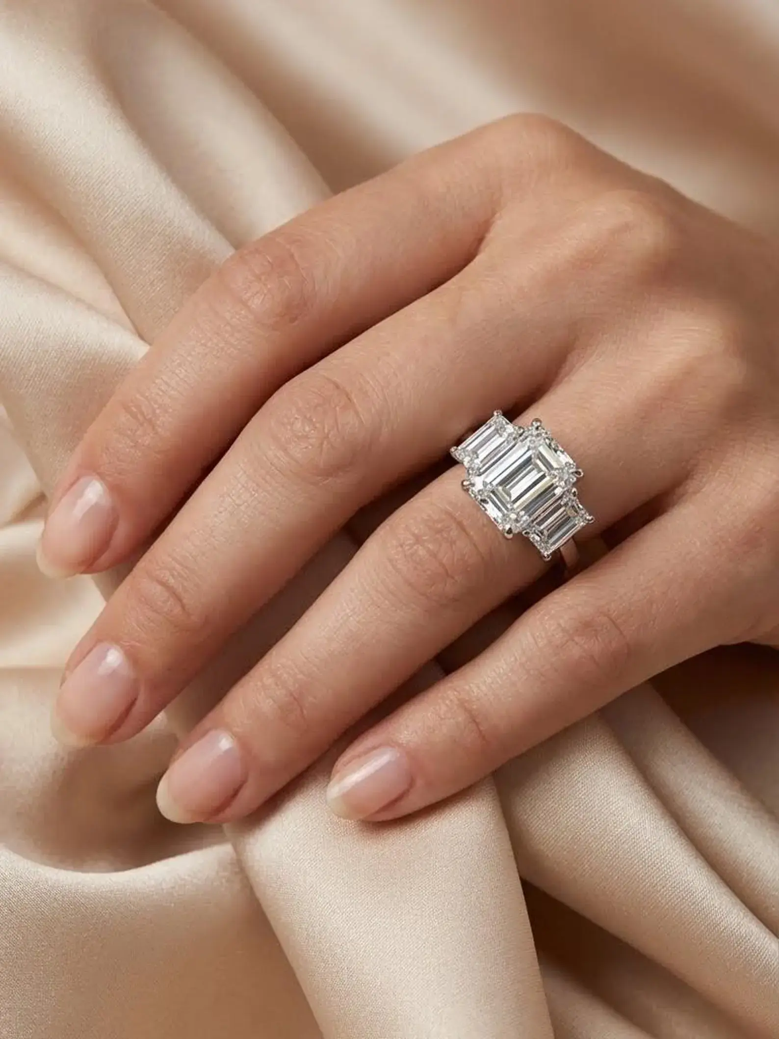Emerald Cut Moissanite Diamond Bar Set Three Stone Engagement Ring Woman Gift