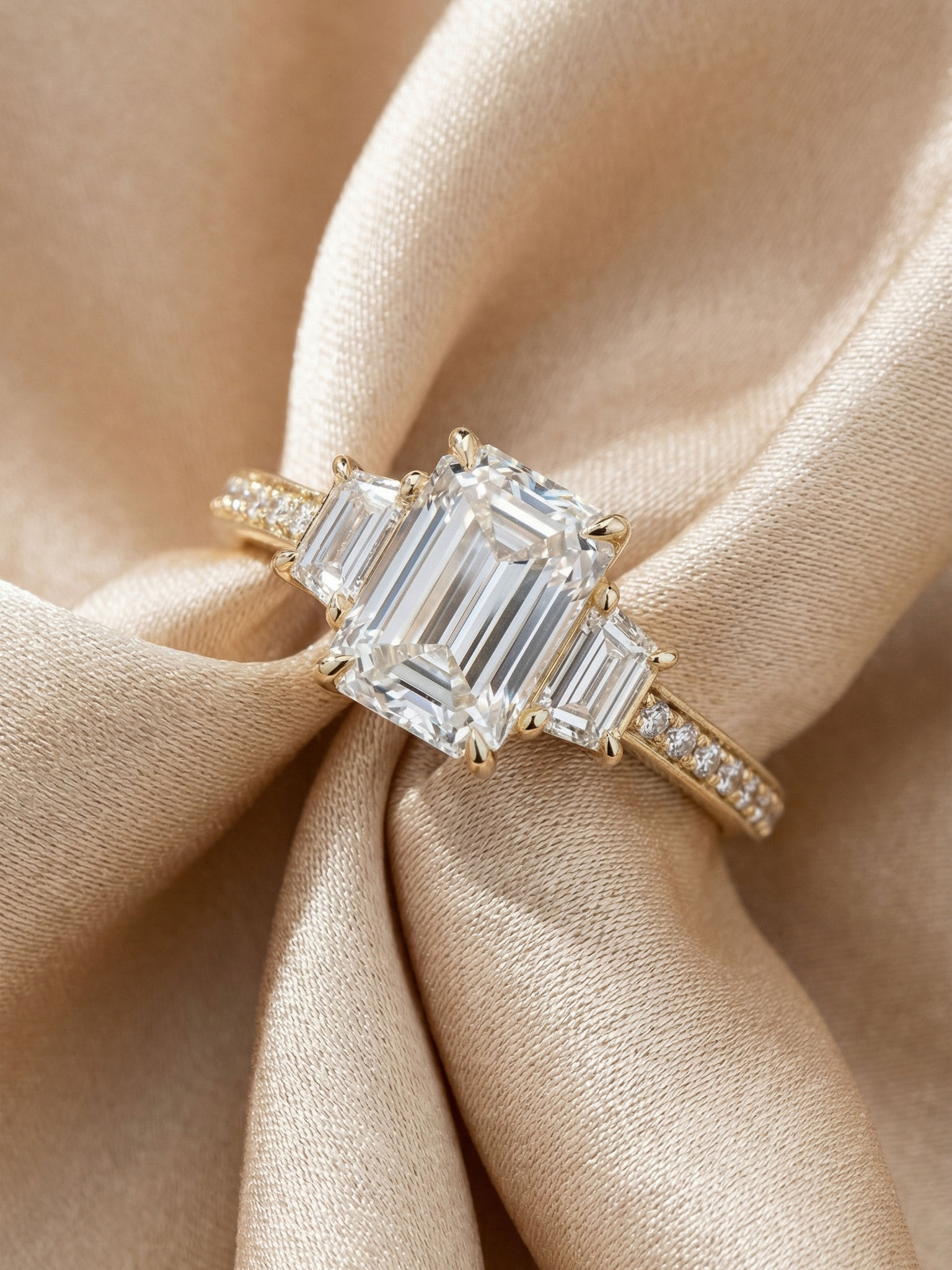 Emerald Cut Moissanite Three Stone Ring 14K Yellow Gold Pave Classic Bridal