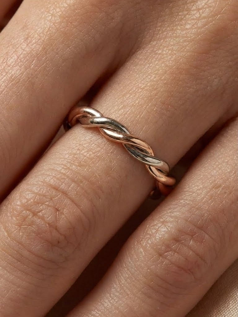 14K Solid Gold Rope Infinity Relaxed Twist Wedding Band Stackable Ring